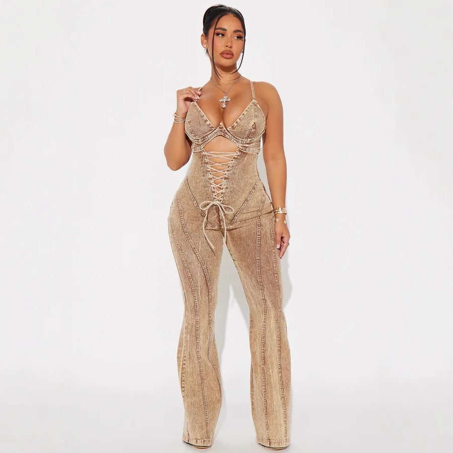 Women's Fashion Hollowed-out Lace-up Girdle Denim Jumpsuit