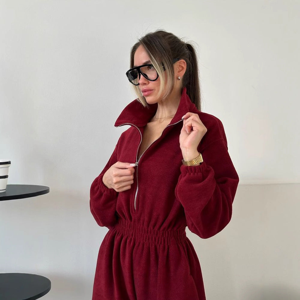 Long Sleeve Jumpsuit Women's Casual Half Cardigan Elastic Waist Suit