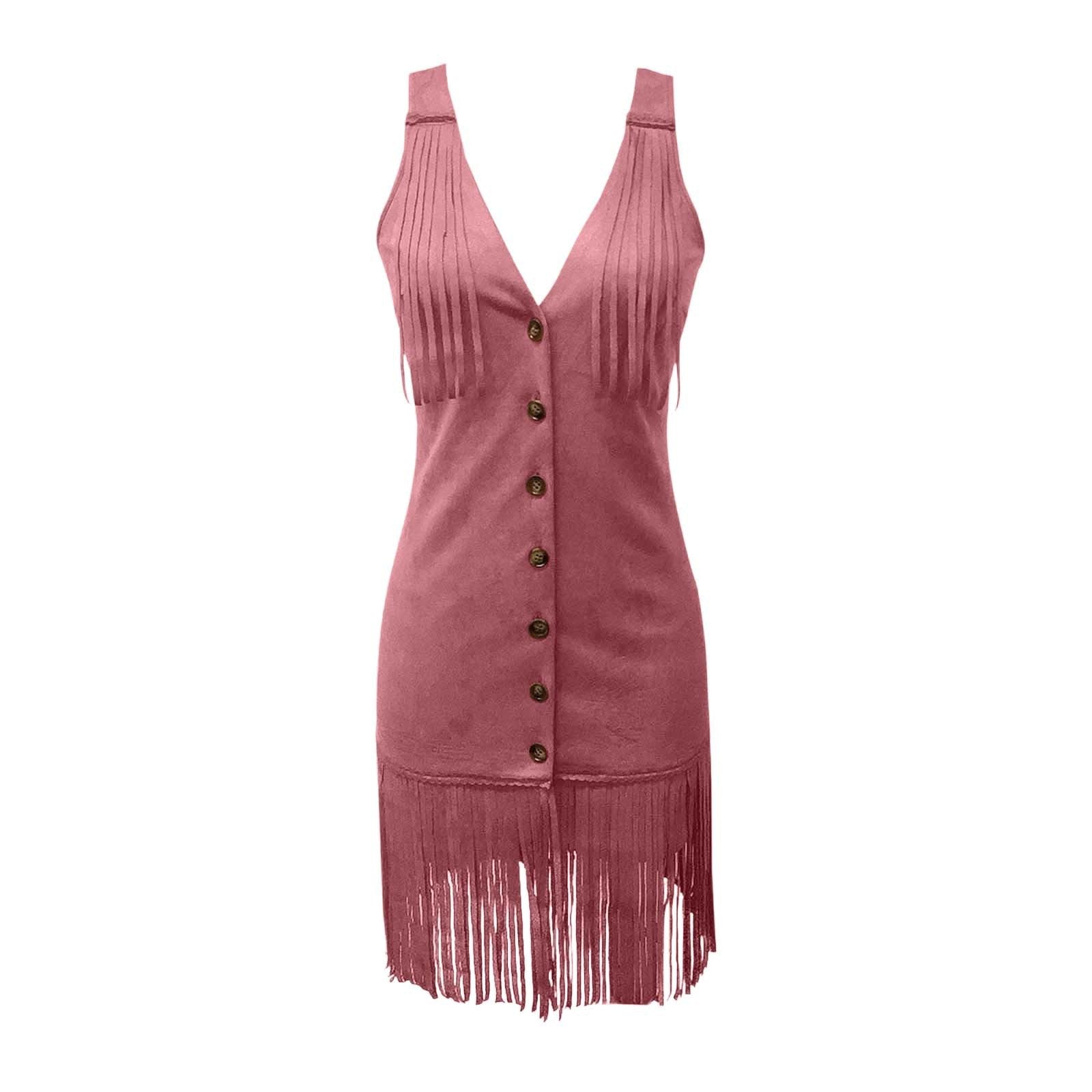 Women's Western Style Vest Dress - V-Neck Button Front Mini Dress With Fringe Detail Summer Wear