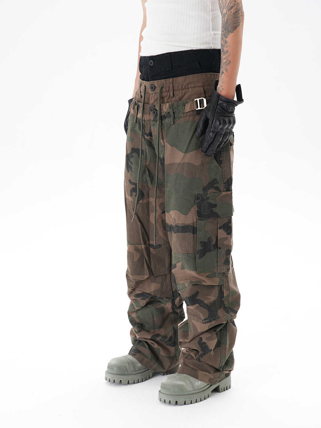 Stitching Three-layer Wide-leg Multi-pocket Camouflage Workwear Casual Pants