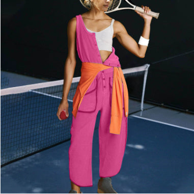 Women's Casual Solid Color Round Neck Sleeveless Elastic Waist With Pocket Jumpsuit