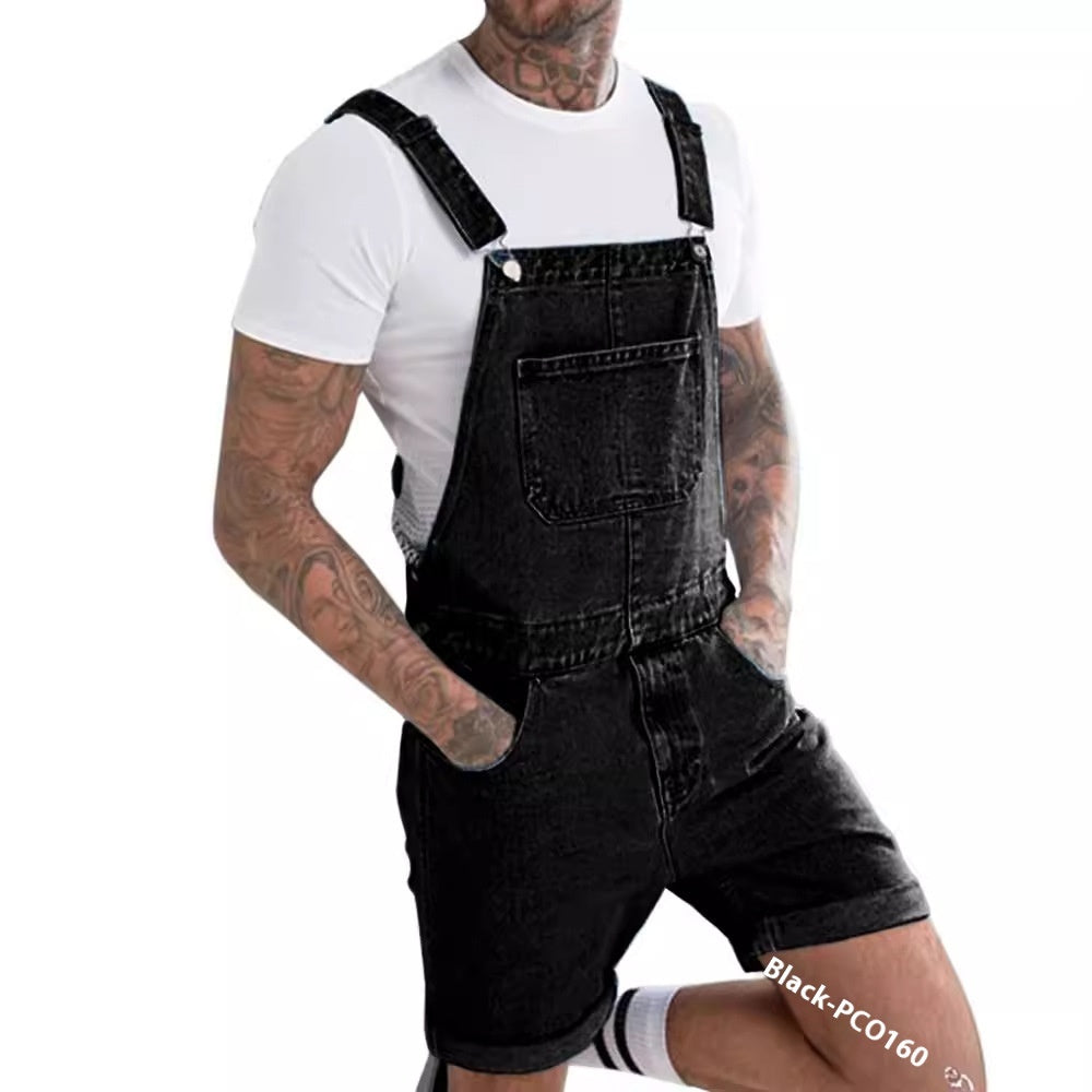 Youth Casual Mid-stretch Denim Suspender Pants