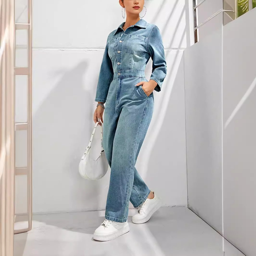Women's Slim-fit Long-sleeved Denim Jumpsuit