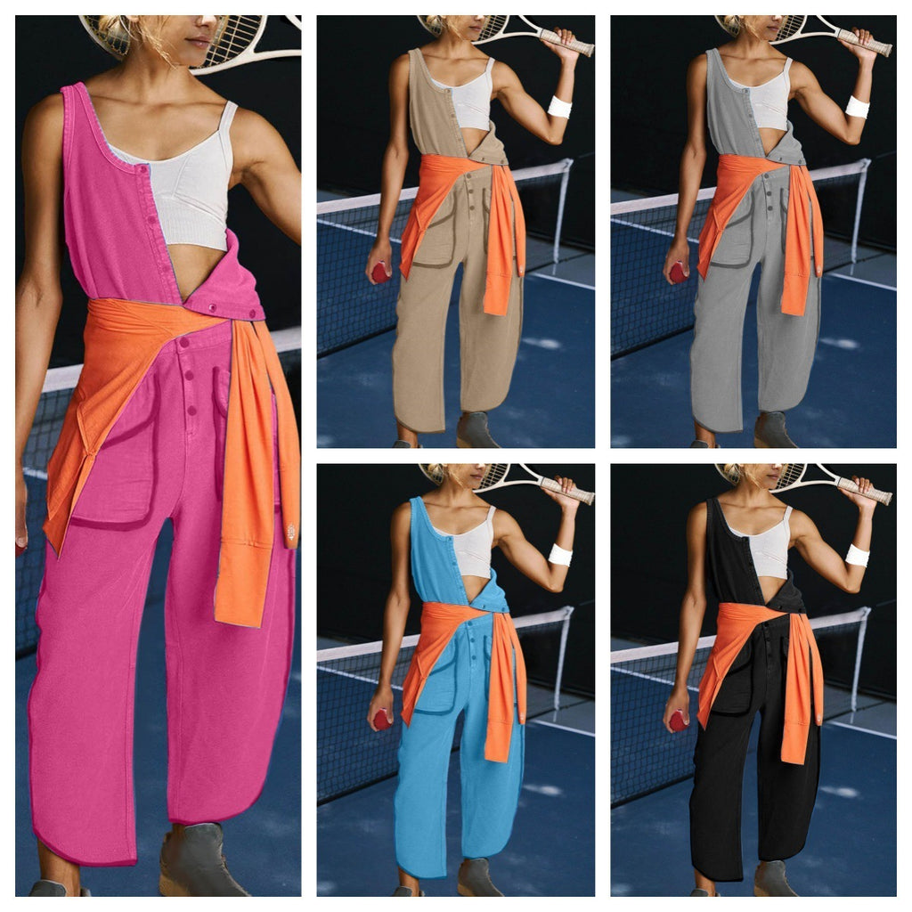 Women's Casual Solid Color Round Neck Sleeveless Elastic Waist With Pocket Jumpsuit