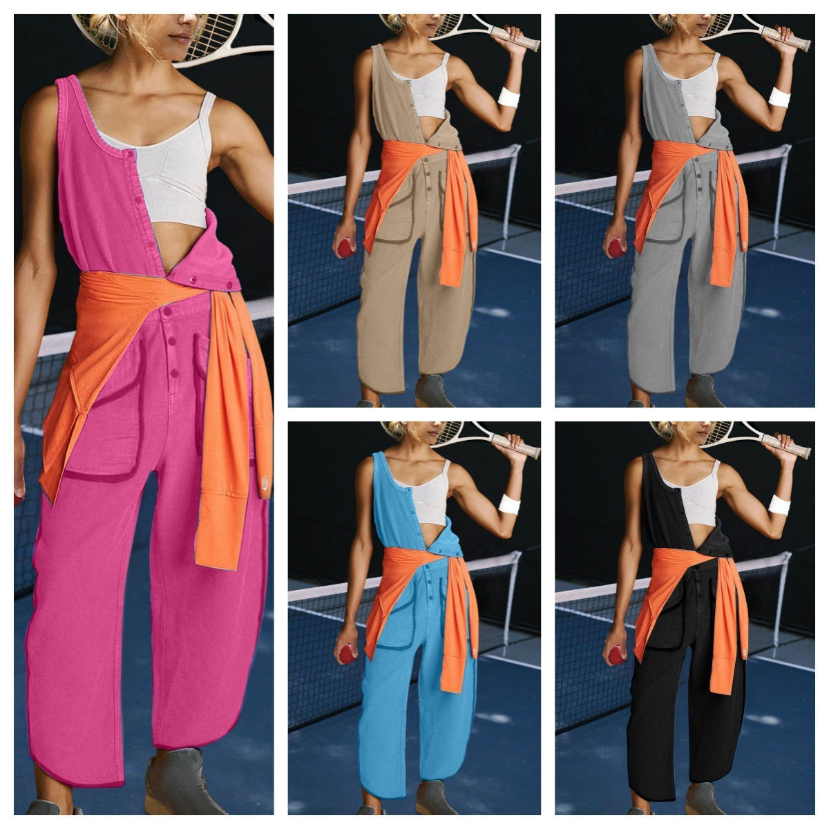 Women's Casual Solid Color Round Neck Sleeveless Elastic Waist With Pocket Jumpsuit