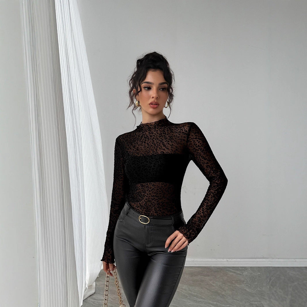 New Style Wooden Ear Slim Fit Slimming Long Sleeves Mesh Base All-matching Top