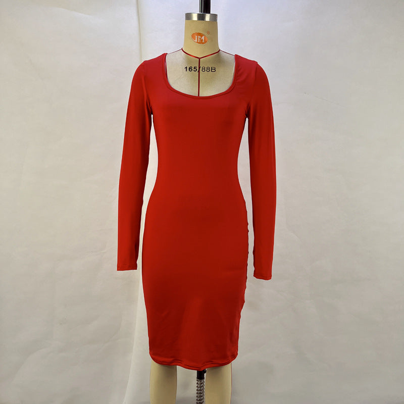 Fashion Square Collar Long Sleeve Solid Color Waist Tight Slimming Sheath Dress