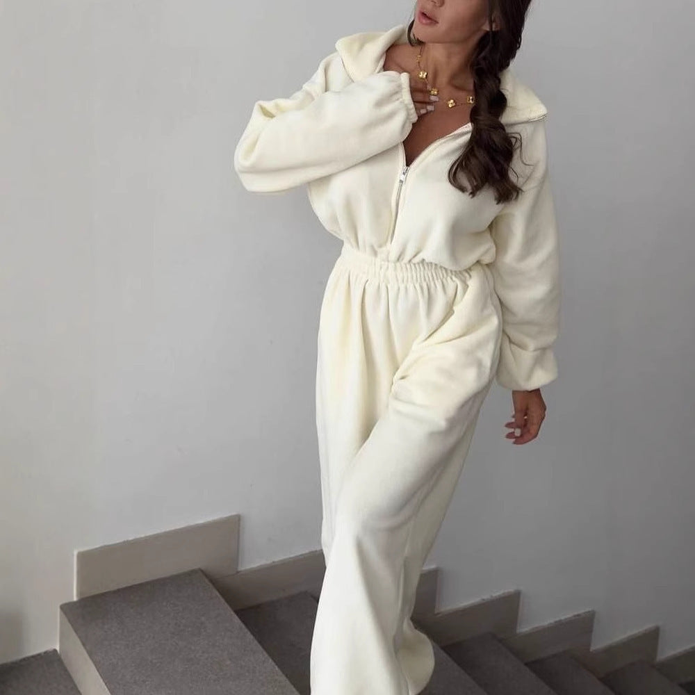 Long Sleeve Jumpsuit Women's Casual Half Cardigan Elastic Waist Suit