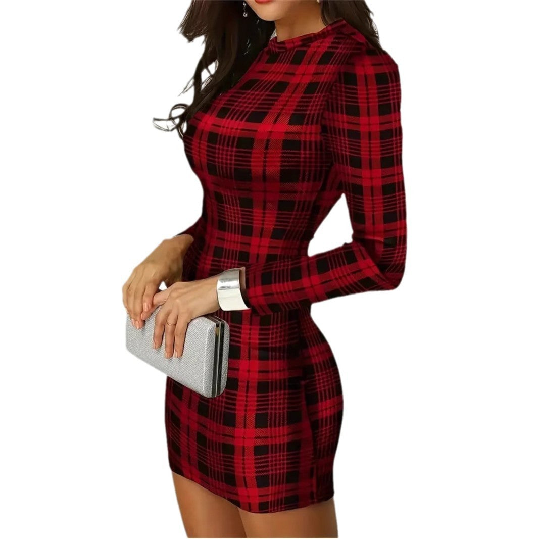 European And American Women's Clothing Plaid Printed Slim Fit Skirt