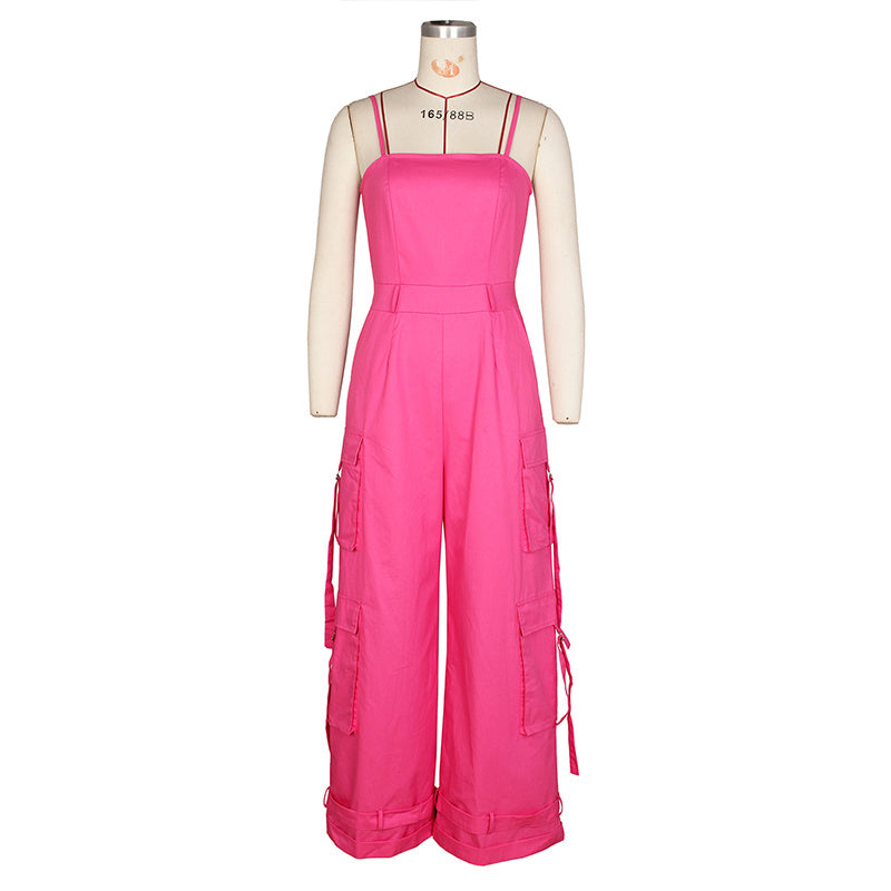 Women's Solid Color Sleeveless Jumpsuit - Wide Leg Romper With Adjustable Hem & 4 Pockets Summer Casual Outfit