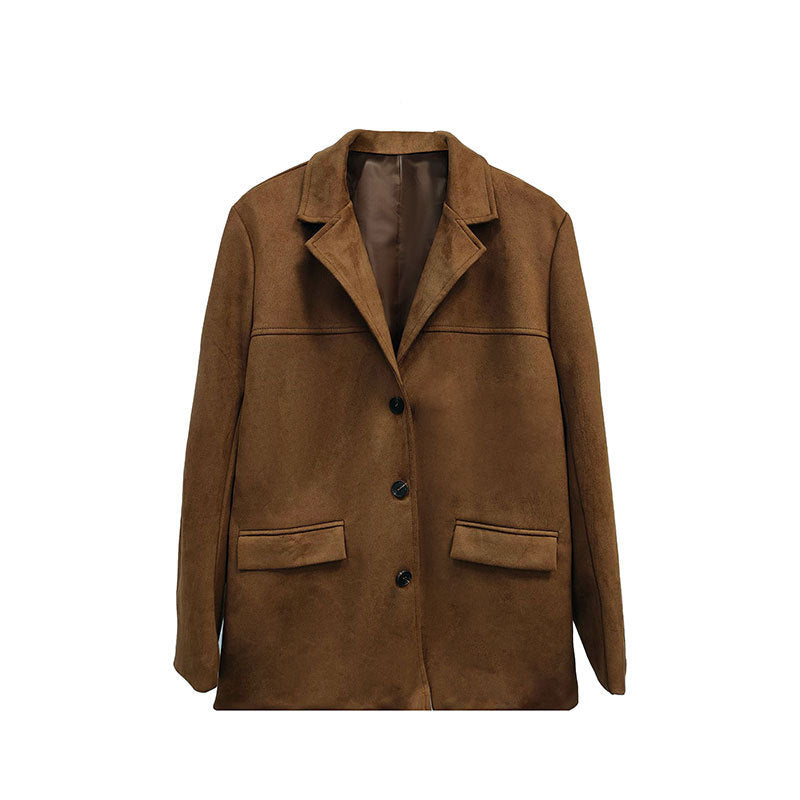 Elegance Retro Brown Loose Pockets Long Sleeve Suit Coat