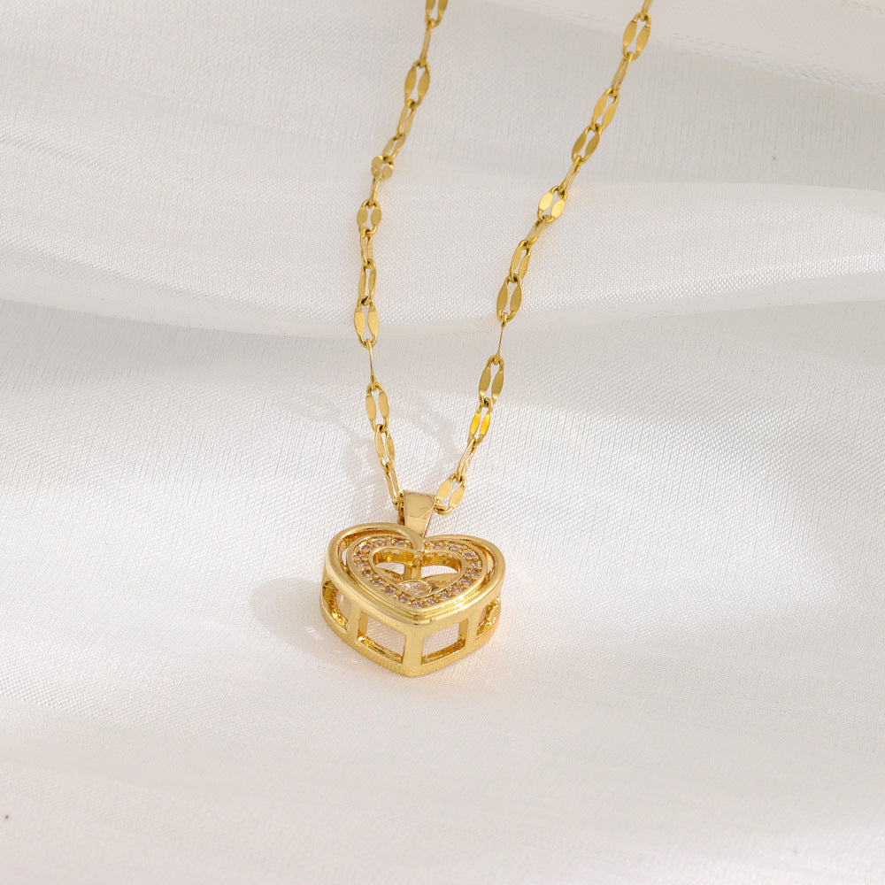 Double-layer Love Necklace With Rhinestones Titanium Steel Pendant Fashion Jewelry Woman Gift
