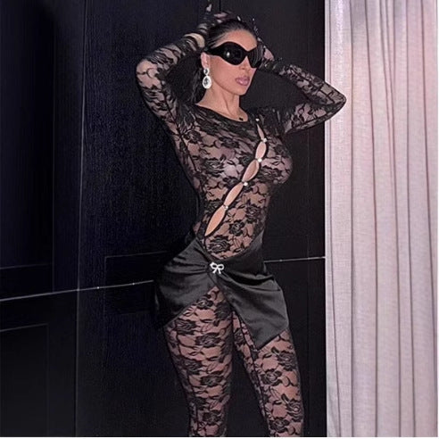 Sexy Cutout See-through Round Neck Long Sleeve Lace Tight Apron One-piece Suit