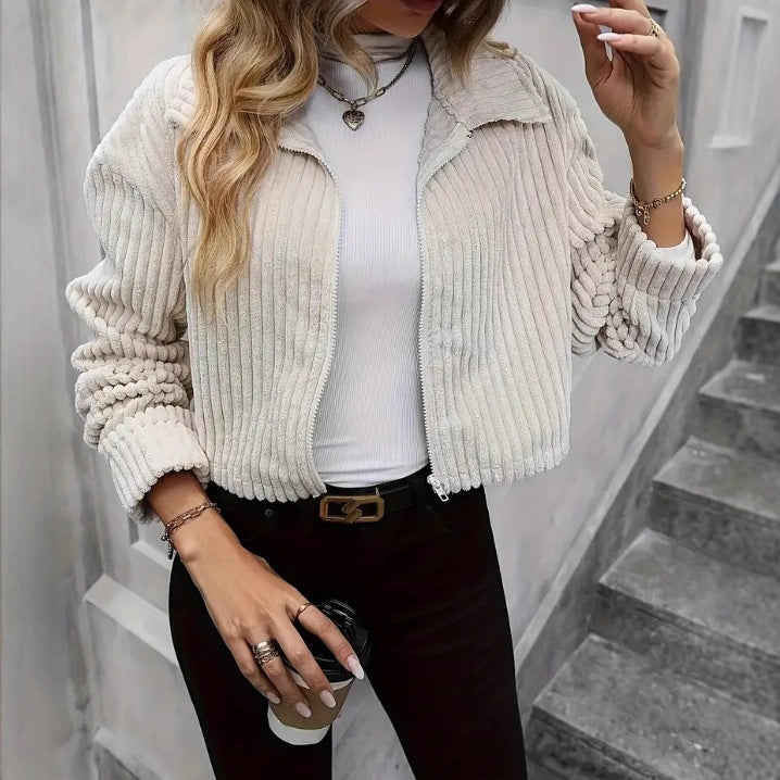 Fashion Casual Plush Polo Collar Solid Color Slim-fit Short Jacket