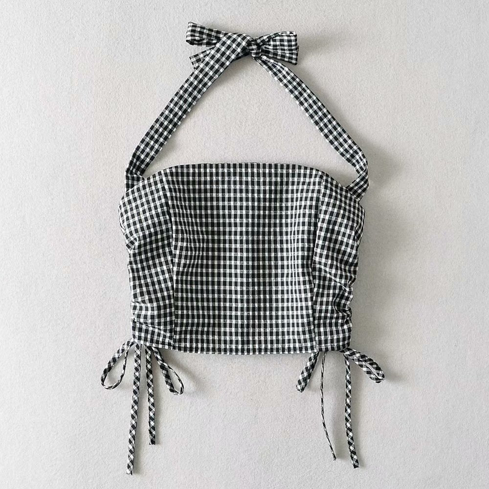 Wholesale Summer New Style Halter Neck Halter Lace Double Drawstring Plaid Vest Women