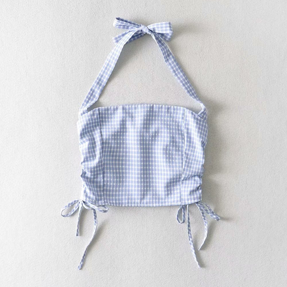 Wholesale Summer New Style Halter Neck Halter Lace Double Drawstring Plaid Vest Women
