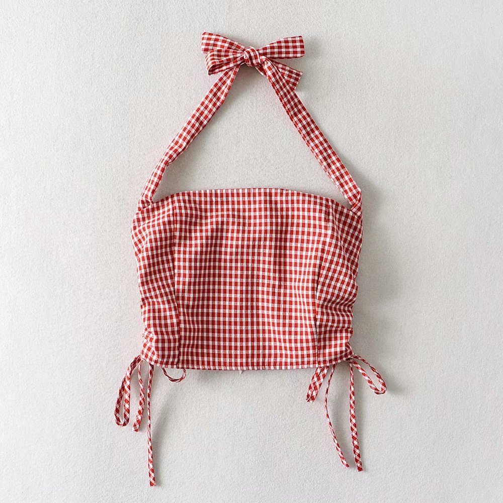 Wholesale Summer New Style Halter Neck Halter Lace Double Drawstring Plaid Vest Women