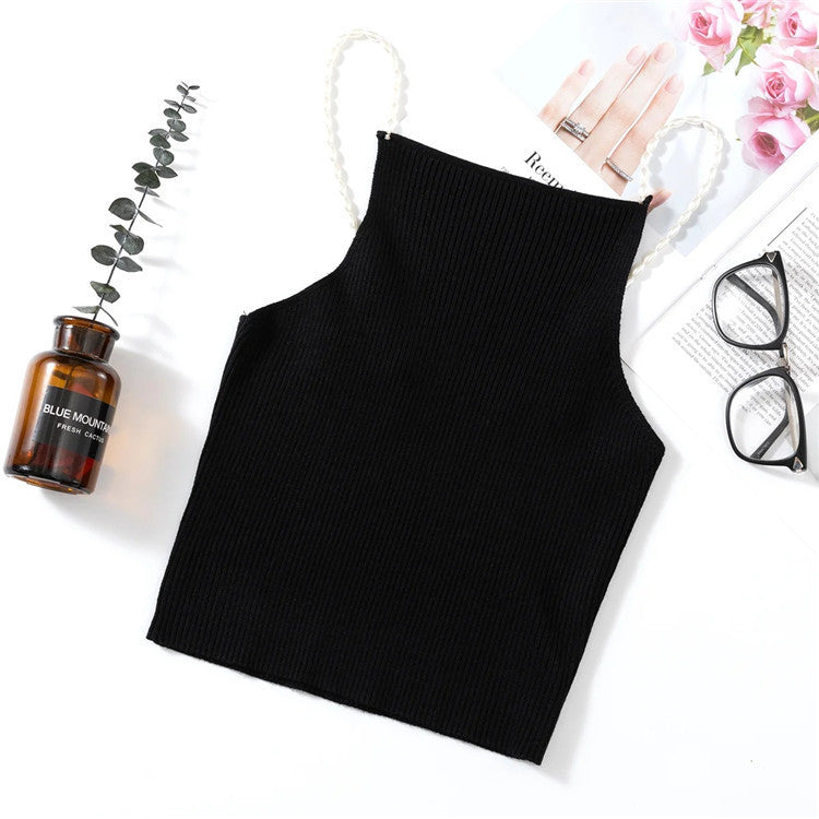 Ladies Style New Pearl Chain Knitted Camisole Slim Short Halter Solid Color All-Match Vest Women