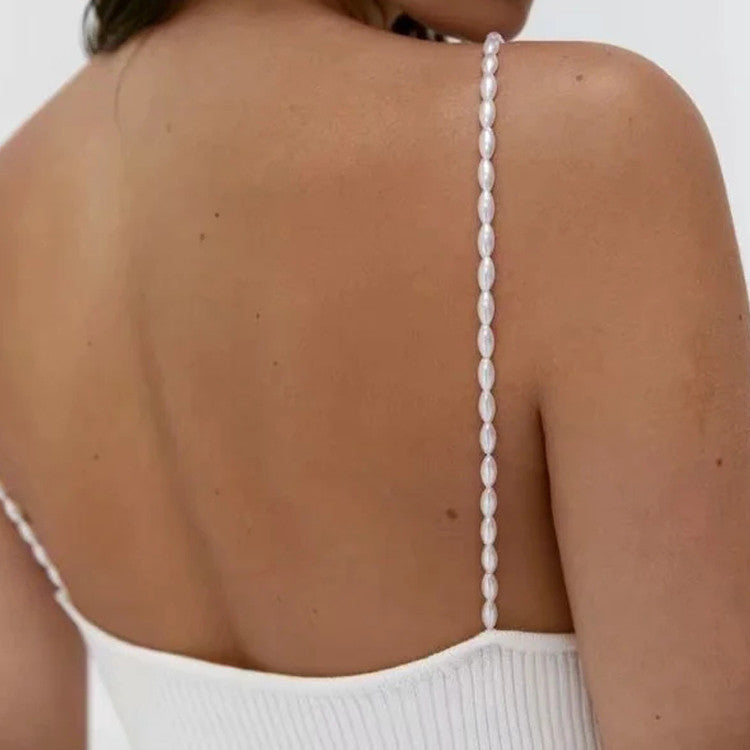 Ladies Style New Pearl Chain Knitted Camisole Slim Short Halter Solid Color All-Match Vest Women