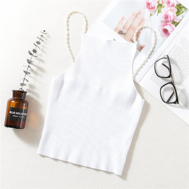 Ladies Style New Pearl Chain Knitted Camisole Slim Short Halter Solid Color All-Match Vest Women