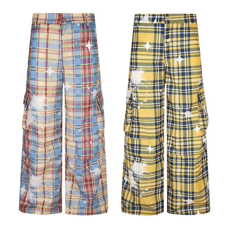 Retro Plaid Overalls Men's Loose Straight Casual Pants