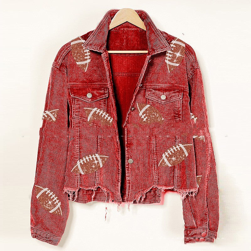 Sequined Embroidered Corduroy Rugby Wear Top