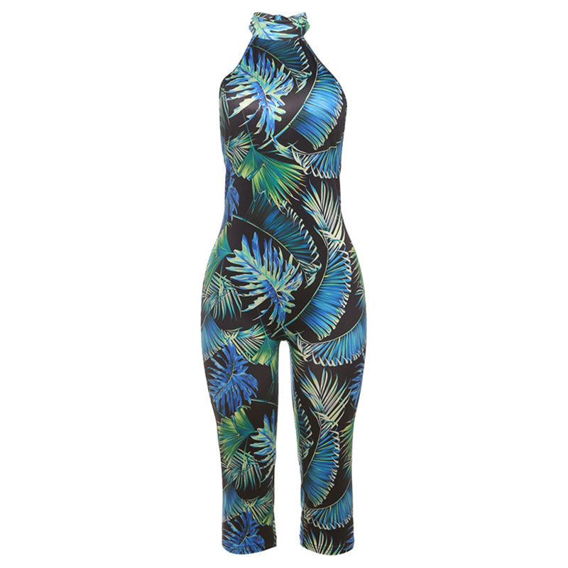 Summer New Personalized Leopard Print Sleeveless Halter Lace-up Tight Jumpsuit