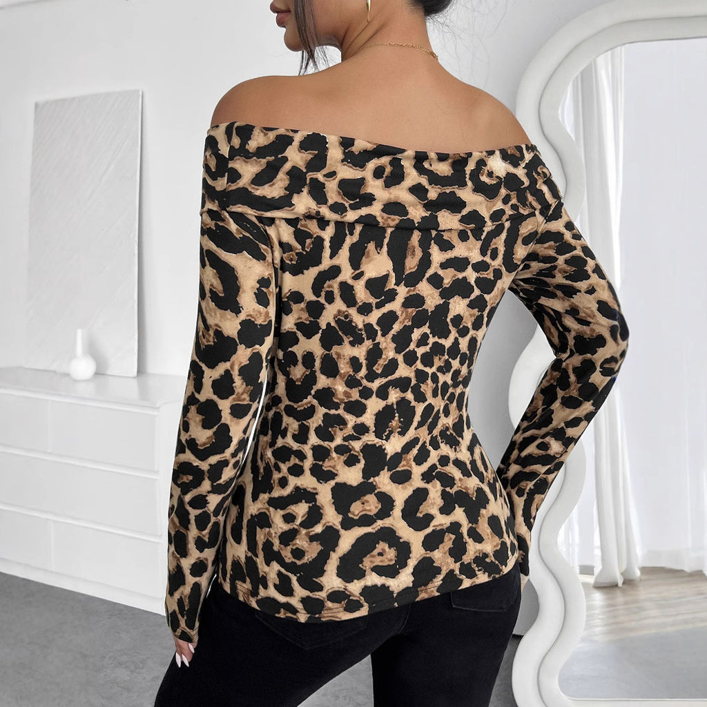 European And American Ladies Sexy Leopard Print Off-shoulder Long Sleeve T-shirt