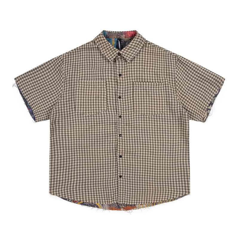 Men's Patchwork Plaid Double-sided Graffiti Short-sleeved Shirt