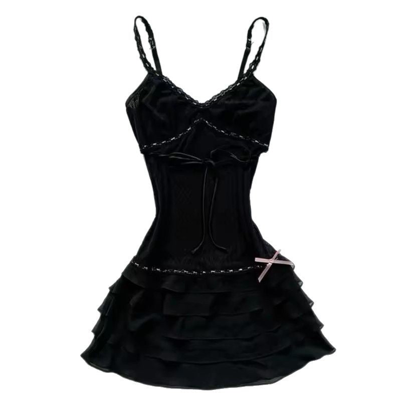 Summer New French Hot Girl Sweet And Spicy Style Bow V-neck Tight Waist A- Line Skirt