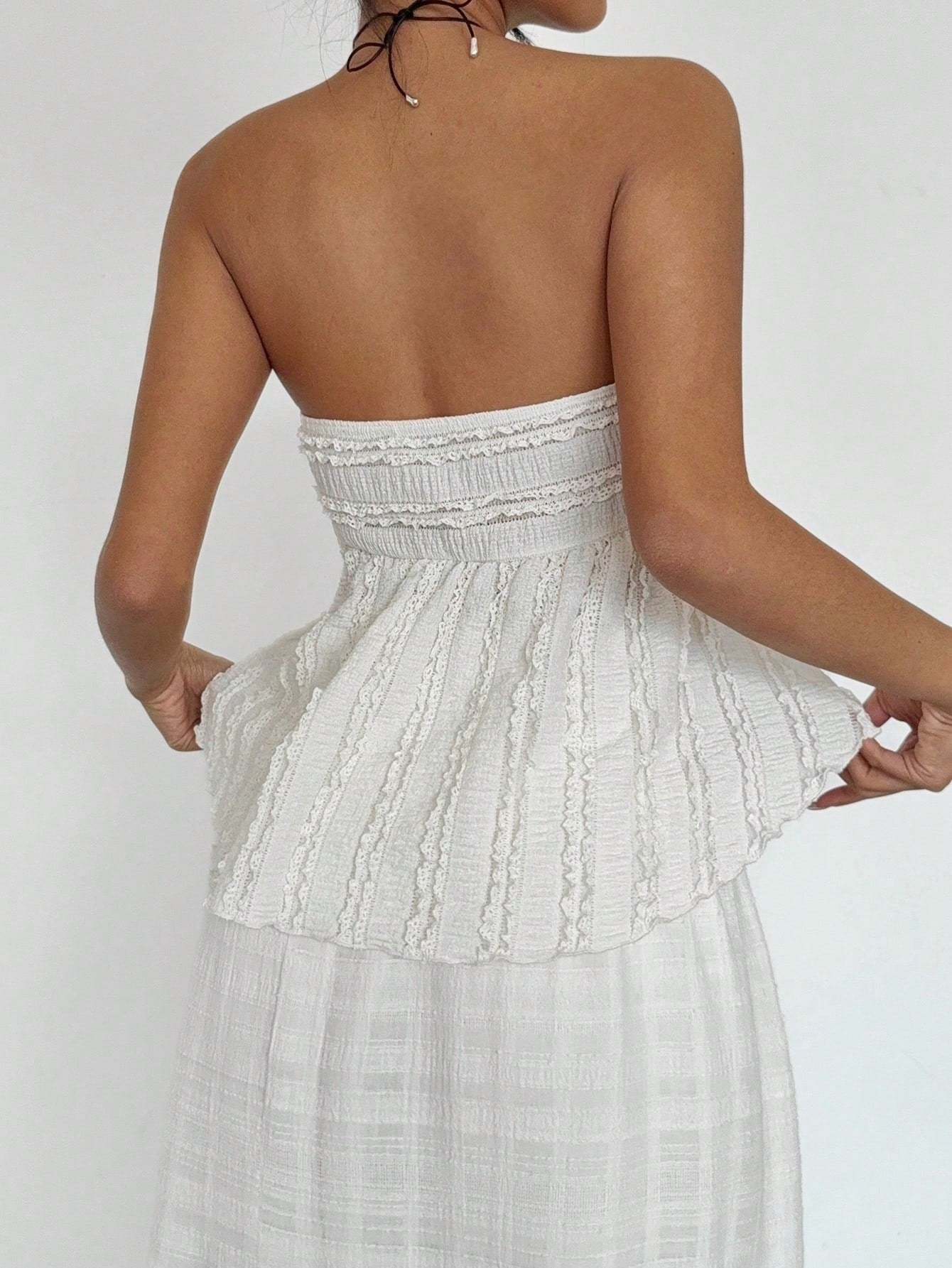 Women's Solid Color Cold Shoulder Lace Up Front Pleated Textured Top