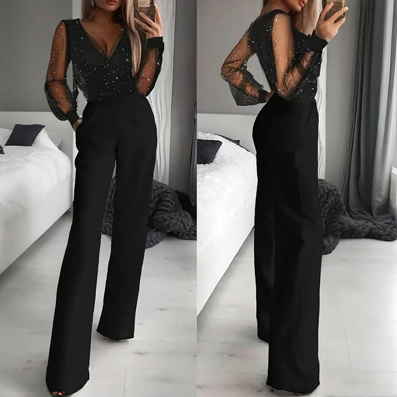 Women's Sexy Solid Color Deep V-Neck Tulle & Sequin Straight Leg Jumpsuit With Pockets For Spring&Summer Wear