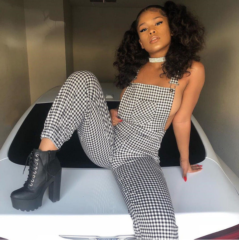 Women's New Fashion Plaid Suspender Ankle-tied Jumpsuit