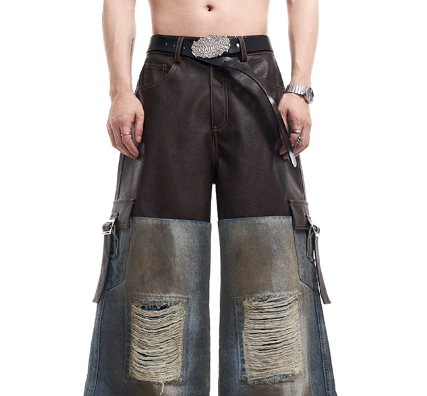 American Retro Distressed Leather Patchwork Destroyed Denim Coat Men's Autumn And Winter Dirty Jacket