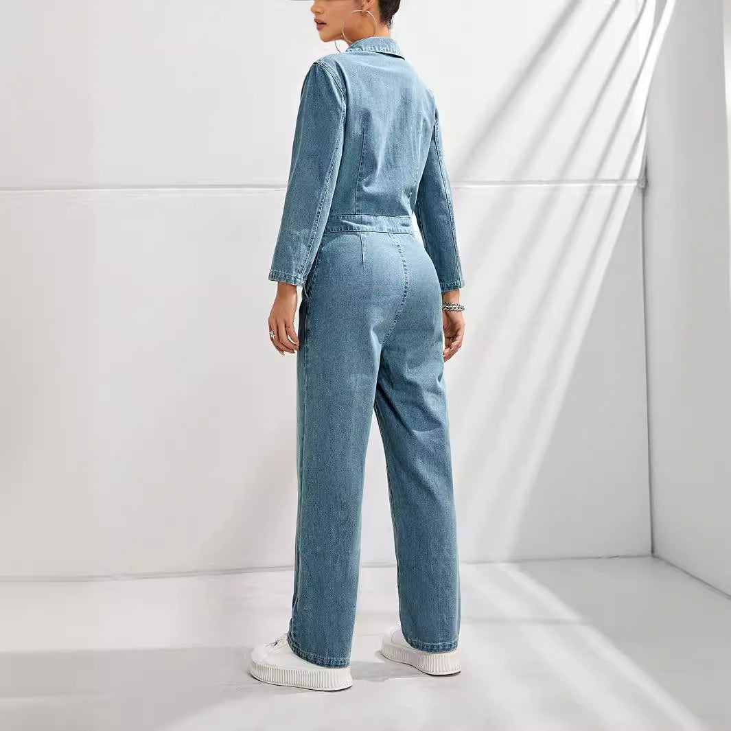 Women's Slim-fit Long-sleeved Denim Jumpsuit