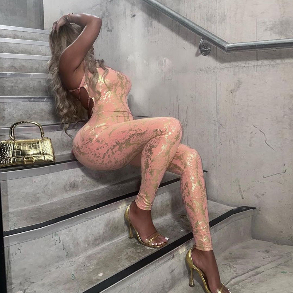 Sleeveless Backless Sexy Hot Girl Style Strap Metallic Gloss Jumpsuit