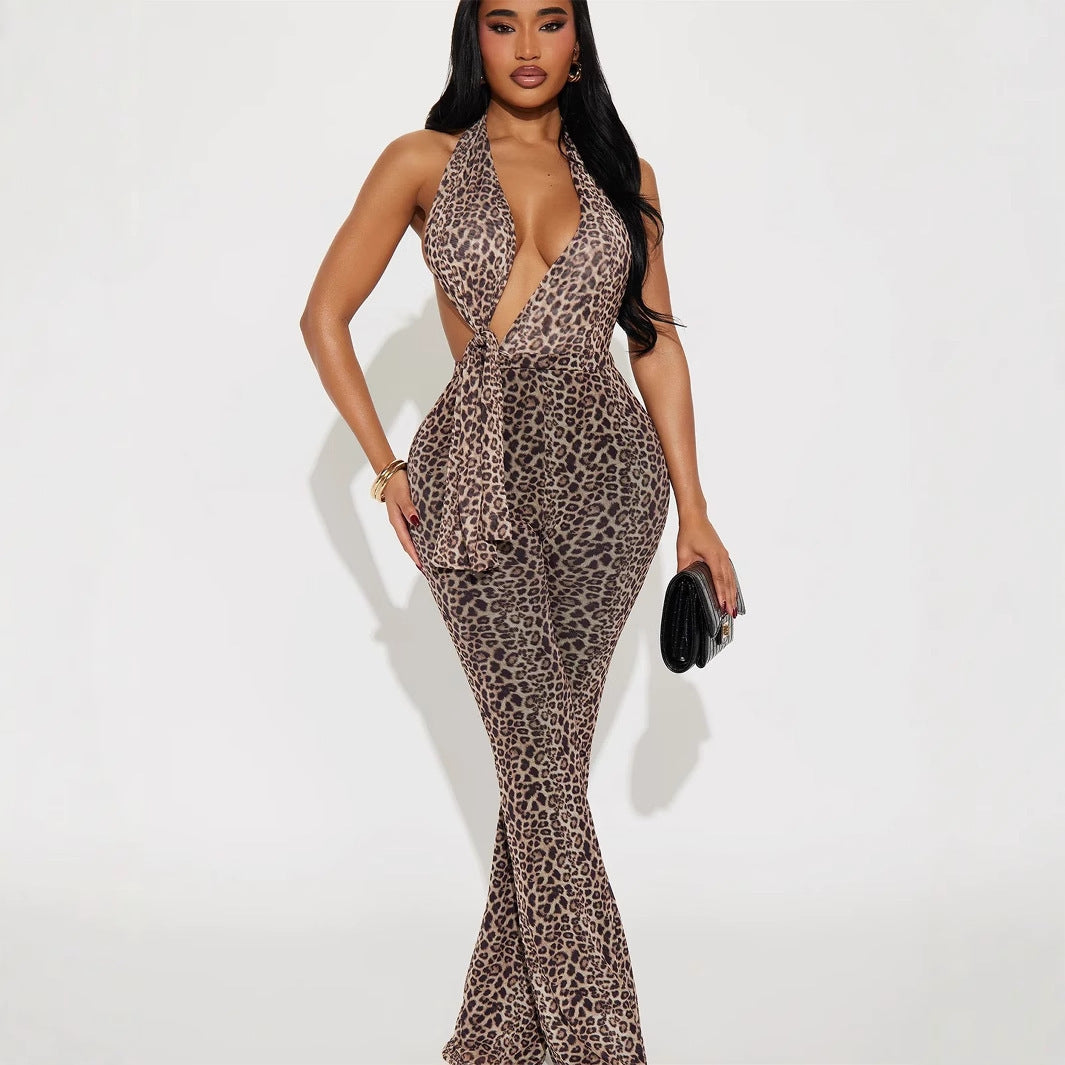 Women's Printed Leopard-print Backless Hip-lifting Jumpsuit