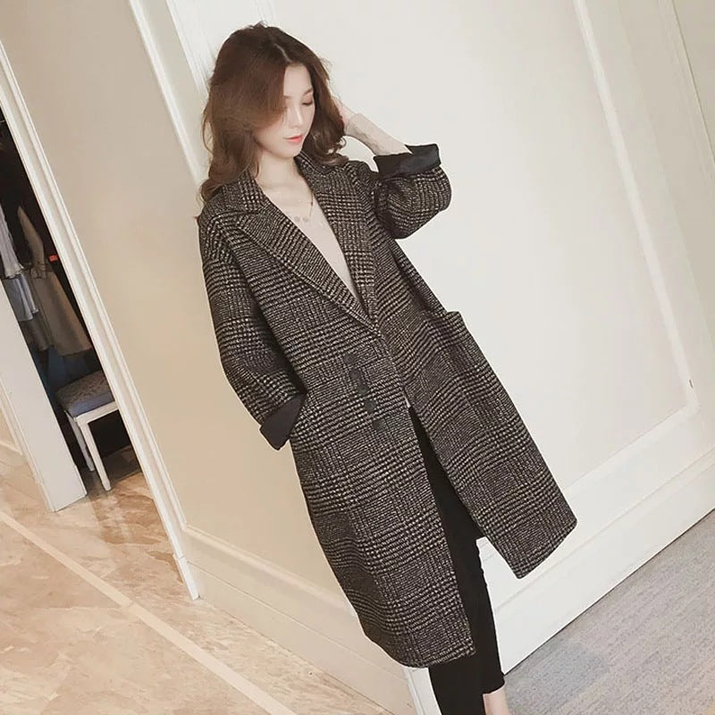 Fleece-lined Padded Coat Mid-length Plaid Wool Coat