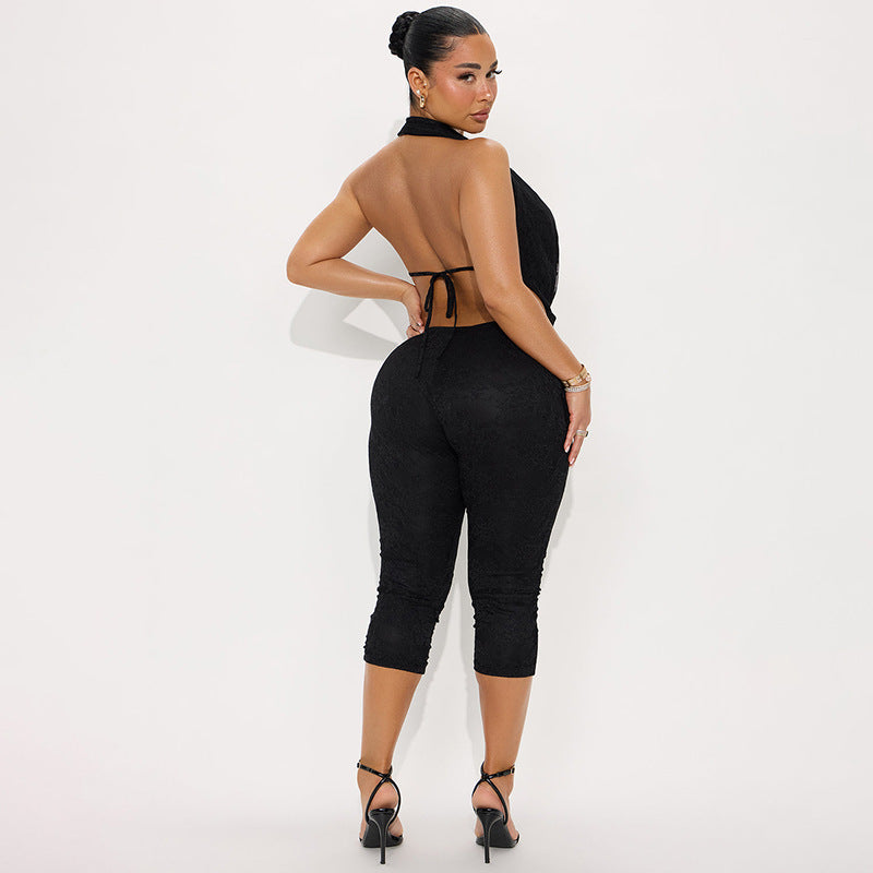 Summer Women's Lace Backless Tight One-piece Cropped Trousers