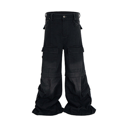 Detachable Worn Looking Washed-out Multi-pocket Detachable Two-way Wear Micro-pull Overalls