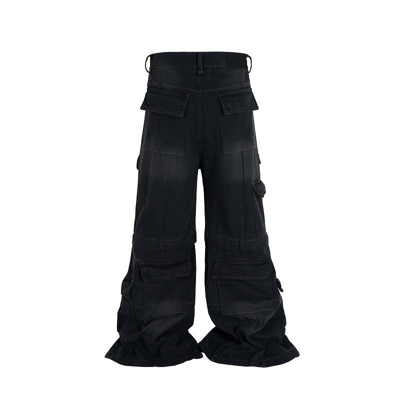 Detachable Worn Looking Washed-out Multi-pocket Detachable Two-way Wear Micro-pull Overalls