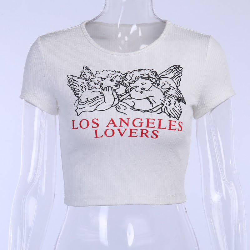 Fashion Navel Angel Print Slim T-shirt Women