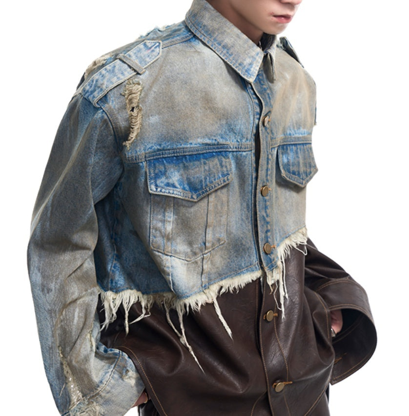 American Retro Distressed Leather Patchwork Destroyed Denim Coat Men's Autumn And Winter Dirty Jacket