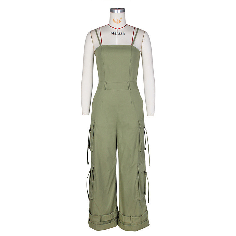 Women's Solid Color Sleeveless Jumpsuit - Wide Leg Romper With Adjustable Hem & 4 Pockets Summer Casual Outfit