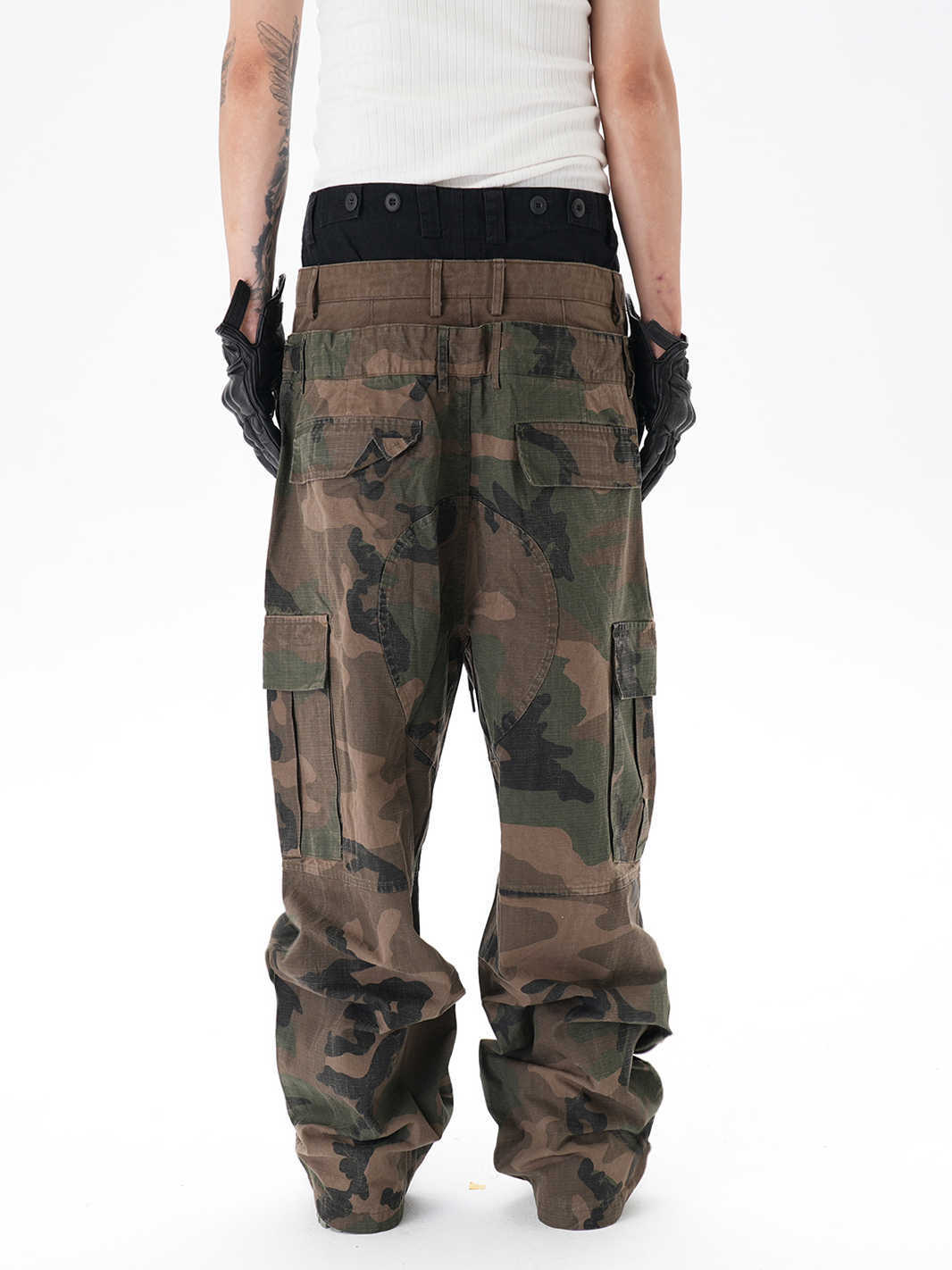 Stitching Three-layer Wide-leg Multi-pocket Camouflage Workwear Casual Pants