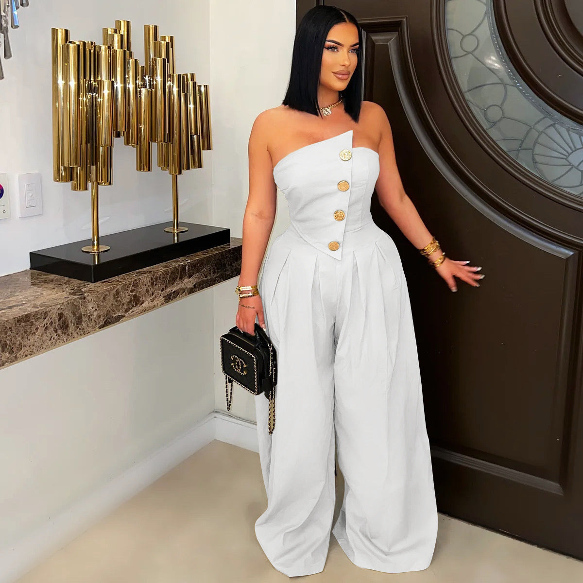 Sexy Tube Top Sleeveless Metal Button Wide Leg Jumpsuit