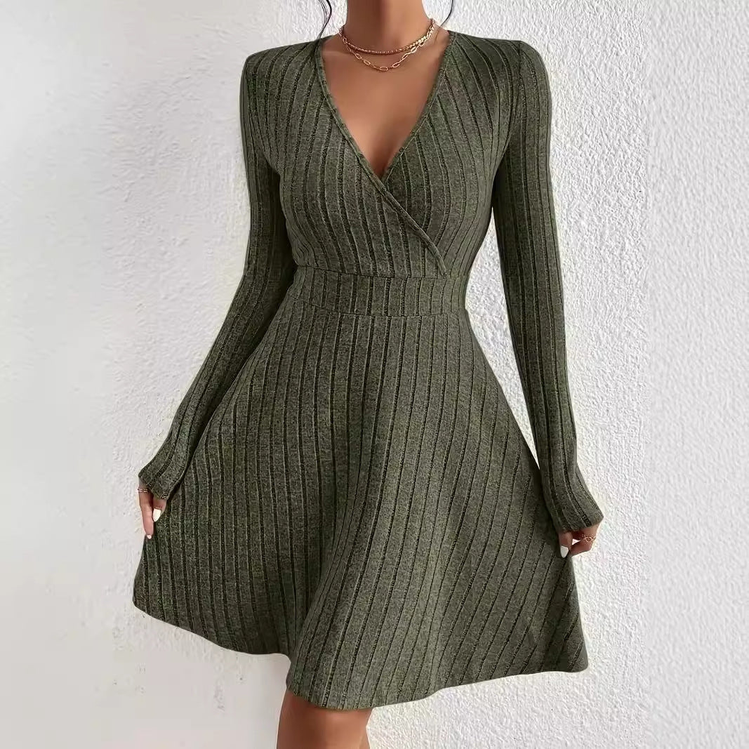 Women's European And American V-neck Tight Waist Fabric Long Sleeve Dress