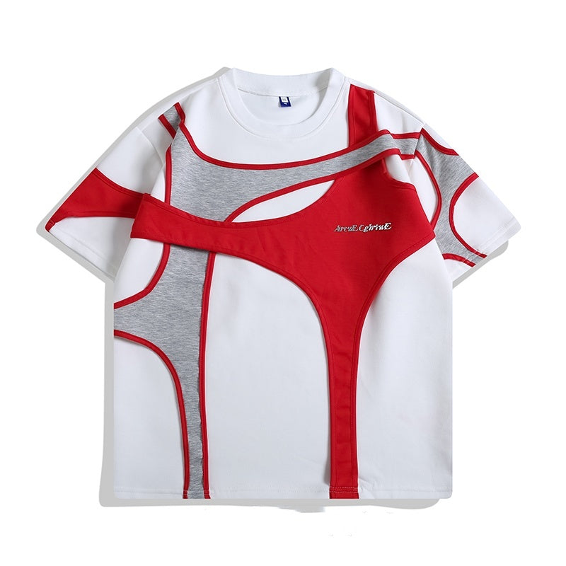 Double-layer Stitching Padded Shoulder Short Sleeve Strap T-shirt