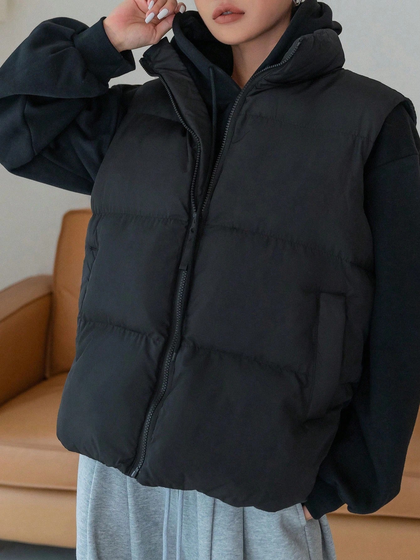 Zipper Sleeveless Padded Jacket For Women