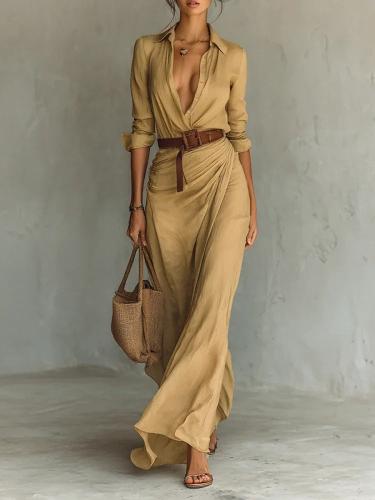 Women's Elegant Solid Color Irregular Folds Containing Belt Dress